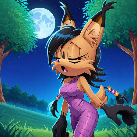 <lora:nicole_lynx_illustrious-000010:1>,  (masterpiece), (best quality), (ultra-detailed), amazing quality, very aesthetic, illustration, perfect composition, intricate details, absurdres, incredibly absurdres, nicole the lynx, 1girl, long hair, breasts, open mouth, gloves, dress, medium breasts, tail, closed eyes, outdoors, sky, tree, night, moon, grass, claws, purple dress, full moon, sonic the hedgehog \(series\), furry, furry female, black hair, animal ears, animal nose, animal ear fluff, solo, solo focus, body fur, brown fur, facial markings