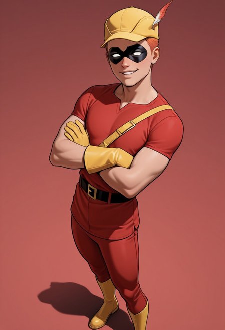 masterpiece, absurdres, high quality, perfect anatomy, 1boy, solo, cute boy, male focus, Speedy, Orange Hair, Domino Mask, White Eyes, Yellow Cap, Red Tunic, Red Pants, Yellow Gloves, Yellow Boots, smug smile, parted lips, arms crossed, cinematic, intricately detailed illustration, depth of field, masterpiece, best quality, amazing quality, very aesthetic, absurdres, newest, very awa,  shadow, dynamic angle, casual cosplay, dynamic pose, simple background, red theme