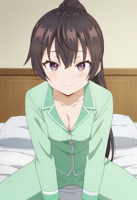 Yuki Suou, long hair, solo ,  black hair,  hair between eyes,  brown eyes, purple eyes,  ,brown hair,    pajamas, smile, ponytail, collarbone,  long sleeves, green pants,  looking at viewer, cleavage, green shirt, on bed, sitting , spread legs, from below, bent forward<lora:Yuki Suou-000013:0.9> , small breasts, score_9, score_7_up,anime coloring ,source_anime, anime, anime screencap