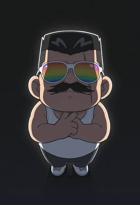 1boy, (chibi:1.85), white tank top, looking at viewer, dark background, (backlighting:1.5), v, hand up, own hands together, from above, sunglasses, full body,
BREAK
<lora:Kiyonaga_Matsumoto_from_Detective_Conan_v1.1:1> (plump:1.2),
kiyonagamatsumoto, mature male, black hair, no eyebrows, flattop, thick mustache, forked mustache, scar across eye,
no eyes, rainbow color sunglasses,
BREAK
very awa, masterpiece, best quality, absurdres, newest, perfect quality, detailed background, intricate details,
