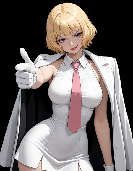 <lora:Stussy Noob:1>
1girl, solo,
5tussy, blonde hair, blue eyes, short hair, lipstick, makeup,
cp0outf1t, short dress, sleeveless dress, white dress, pink necktie, white gloves, white coat, jacket on shoulders,
standing, contrapposto, finger gun, smirk, looking at viewer, upper body, pointing at viewer, 
head tilt, licking lips,, very awa, masterpiece, best quality, highres, absurdres, (simple background, black background:1.1),