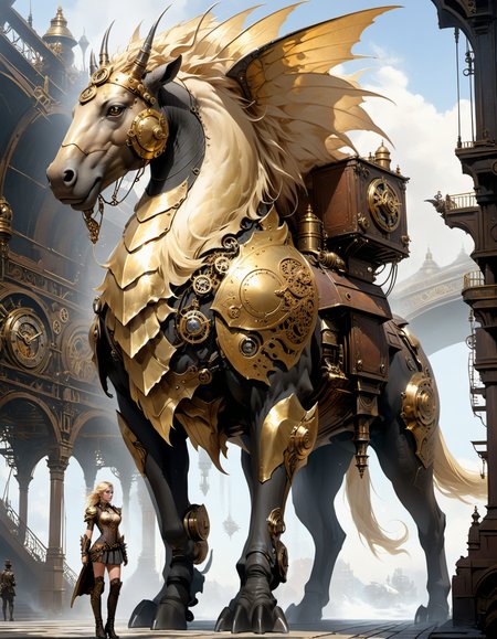 by stephan martiniere, 18 year old blonde female standing in front of a giant mythical animal, (golden mythical steampunk but beautiful:1.4), (intricate details, masterpiece, best quality:1.4) , 
 <lora:add-detail-xl:1> <lora:xl_more_art-full_v1:0.5>  <lora:niji:0.7>