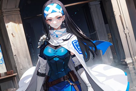 highly insanely detailed, masterpiece, top quality, best quality, highres, 4k, 8k, RAW photo, (very aesthetic, beautiful and aesthetic),  
beth_\(megami_tensei\),bethsmtii,shin megami tensei ii,long hair,black hair,straight hair,sleek black,jewelry,cross,headband,red_lipstick,Blue_dress,armored_corset,blue shirt,white cape,cape_with_messian_symbol,Religious_cape,messian_symbol_cape,holy_knight_cape,messian_cross_earrings,cross_earrings,religious_earrings,messian_symbol_jewelry,bandana_with_messian_symbol,Religious_bandana,symbol_headband,messian_church_bandana,Tokyo_Millennium,post-apocalyptic_city,dystopian_world,Private_mansion,guarded_residence,elite_dwelling,Valhalla,gladiator_tournaments,Great_Cataclysm,World_ending_event,apocalyptic_disaster,city_rebirt, 
<lora:zs_Beth:0.5>, 
(1girl:1.3), 1other, 
at dawn,a colorful background,(abstract colored fractal background,abstract colored background),âââ