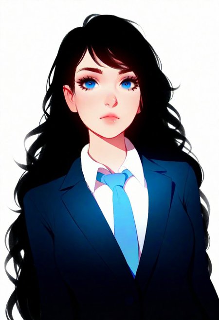Tsuaii, flat colors, realistic proportions, masterpiece, best quality, Good quality, very aesthetic, absurdres, newest, 1girl, upper body, dutch angle, white background,
blue eyes, closed mouth, eyelashes,
black hair, very long hair, wavy hair, white background, white shirt, suit jacket,
blue tie,
dutch angle,