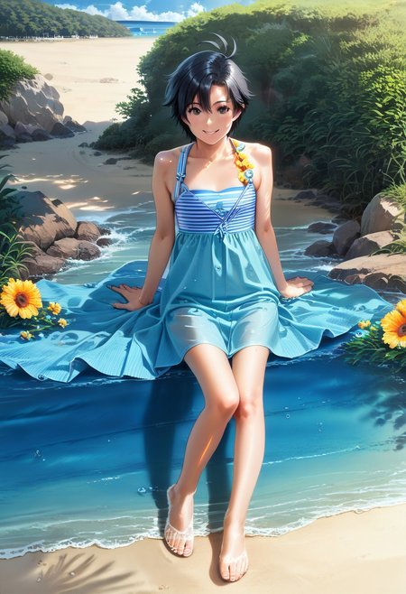 score_9, score_8_up, score_7_up, score_6_up, source_anime, <lora:Worldly_XL:1> detailerlora, sunlight, ocean, waves, clouds, flowers, people, 1girl, solo, carefree Kikuchi Makoto at the beach, <lora:KikuchiMakoto_pony_v1:0.9> kkcmkt, short hair, black hair, antenna hair, hair between eyes, black eyes, flat chest, small breasts, smile, barefoot, summer clothes, beachwear, swimwear, DynaPortrait_PDXL, <lora:loraeyesxl:0.5>, Score_PnyReal, <lora:StS_PonyXL_Detail_Slider_v1.2:3>