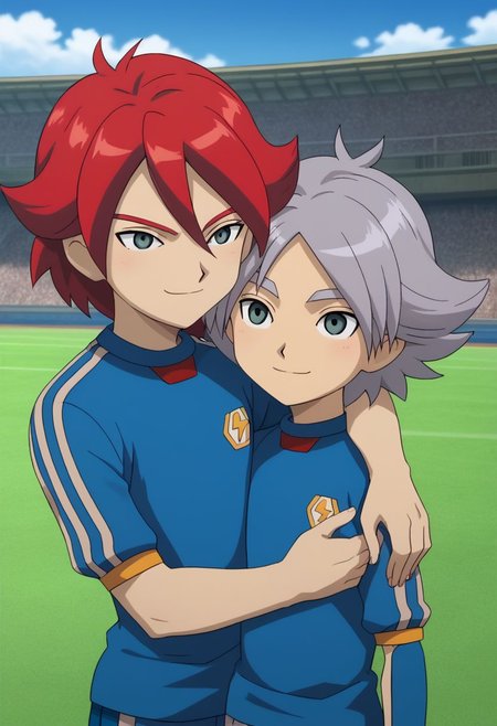 score_9, score_8_up, score_7_up, source_anime, highly detailed, skinny, slender, 2boys,
hiroto2, 1boy, soccer uniform, sportswear, red hair, upper body, tracksuit, smile, BREAK 
fubuki2, 1boy, soccer uniform, sportswear, smile, raimon soccer uniform, raimon, grey hair,
standing, hug,  outdoor,