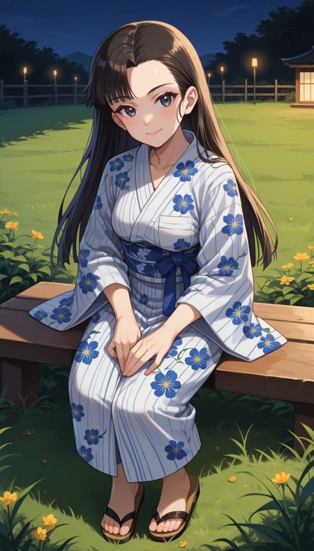 score_9, score_8_up, score_7_up, source_anime, 
 <lora:GUPNishi :1> gupnishi, 1girl, nishi kinuyo, long hair, asymmetrical bangs, 
GUPNishi , 1girl, nishi kinuyo, night, grass, yukata, japanese clothes, floral print,, smile, looking at viewer, sandals, closed mouth,