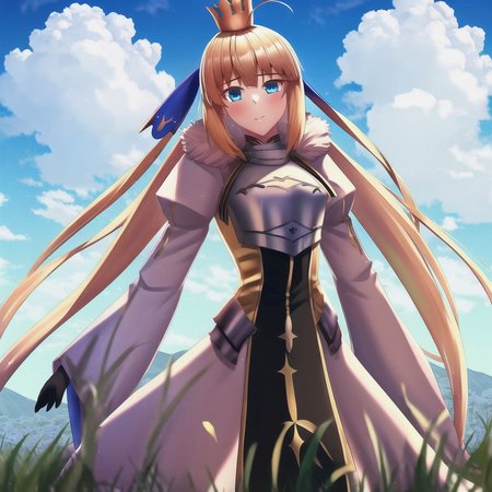 <lora:castoriaV4:0.88>, 1girl, solo, ahoge, blonde_hair, blue_ribbon, long_hair, hair flowing over, looking_at_viewer, ribbon, gold trim, standing, (genshin impact:0.85), (utawarerumono:0.85), (rwby:0.85), wallpaper, hdr, high definition,  masterpiece, best quality, highly detailed, intricate, sky, cloud, grass, flower field, mountain, outdoors, face, breastplate, yellow eyes, crown, castoria, fur, fur trim, fur collar