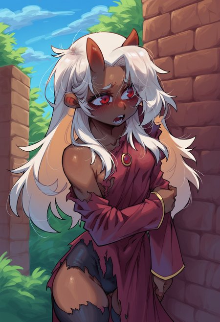 score_9, score_8_up, score_7_up, score_6_up, score_5_up, score_4_up, BREAK
1girl, torn clothes, solo, white hair, red eyes, horns, long hair, dark skin, dark-skinned female, breasts, open mouth, outdoors, dress, red dress, blush, messy hair, long sleeves, demon girl, small breasts, demon horns, day, sky
 <lora:lord_moku:1>