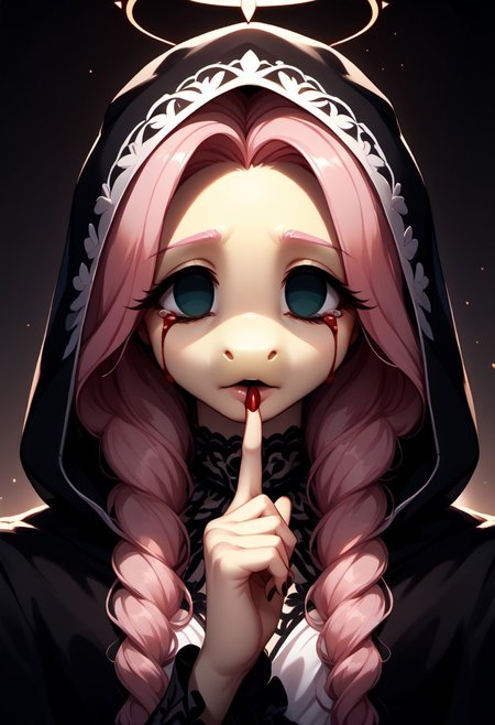 core_9, score_8_up, score_7_up, score_6_up, zPDXL3, (fluffy:1.2), (good_hands:1.3), (Fluttershy:1.3), (anthro:1.3), (pony:1.3), (wings:1.2), (black halo:1.2), GlowingHalo, (empty eyes:1.8), (bloody tears:1.4), close-up of face, (disheveled hair:1.2), Shuffling, (finger to mouth:1.2), (index finger raised:1.2), (character in dark monk's robes with intricate lace details, gothic design, flowing fabrics, heavy textures:1.9), (hood partially covering head, elaborate folds, deep shadows, intricate textures:2.0), (small nose:1.2), dark atmosphere, gothic, mysterious, cinematic lighting, (low-key lighting:1.3), (intricate details:1.3), (ultra-detailed face with balanced shadows and highlights:1.5), (smooth skin texture:1.2), (volumetric lighting:1.2), (subsurface scattering:1.2), (Unreal Engine 5:1.2), (sharp focus:1.3), (dynamic lighting:1.3), (micro-shadows:1.3), (dark tonal harmony:1.4), (subtle lighting gradients:1.3)
