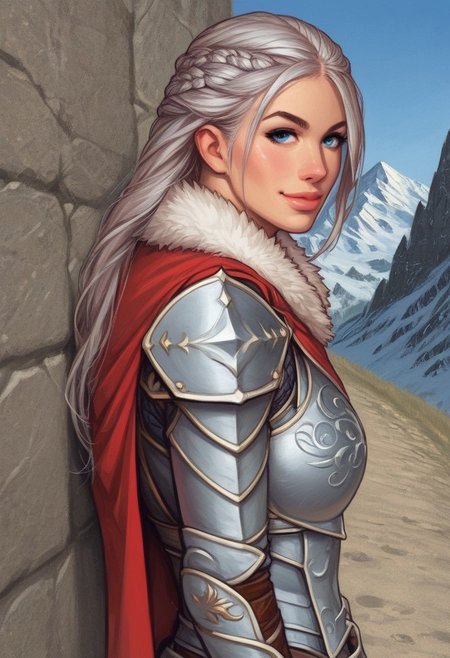 1girl, ((side view))), illustration, looking at viewer, highly detailed, from front, 1girl, illustration,  looking at viewer, highly detailed, skinny, looking at viewer, 1girl, masterpiece, best quality,
raw, movie poster, masterpiece, extremely detailed, hyperrealism, photo, perfect anatomy, magnificent young warrior princess, full body, dramatic lighting, shadow play, romantic, heroism, epic, determination, proud, eternal beauty, detailed face, very long hair, very dark brown hair, beautiful blue eyes, battlefield background, massive plate armor, masculine body, muscular, heavy arms armor, red cape, fur collar, sword, BREAK
slight smile, looking at viewer, fur coat, dynamic pose,
BREAK 
long hair, silver hair, hair over one eye, blue eye, big hair, dynamic pose
BREAK 
best quality, depth of field, bokeh, (((full clothed))),  ((ready to fight, holdind big sword in hands, big two-handed sword in hands)), highlander
BREAK 
(((((snow, stones,  mountains))))) score_9, score_8_up, score_7_up, score_6_up, source_cartoon, rating_explicit, Expressiveh, (((((upper body))))), dynamic pose