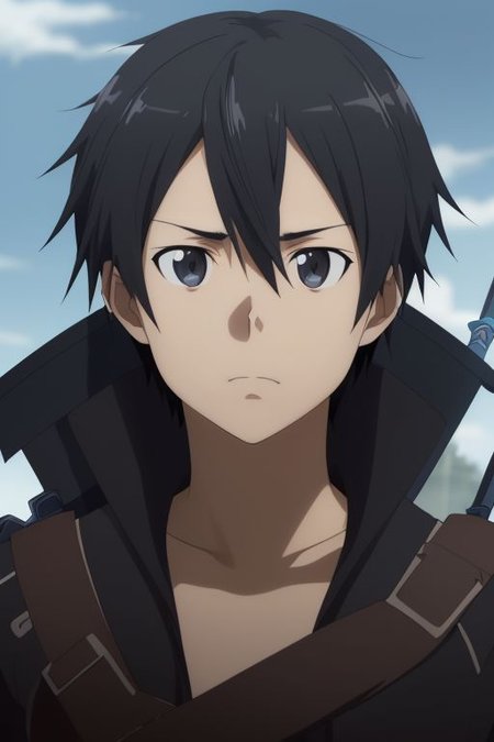 high resolution, solo, best quality, 1Boy, Kazuto Kirigaya, portraits, Black Hair, Black Eyes, Dual Sword, Battle, OverallDetail