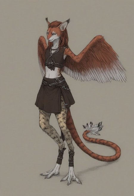 [creature name: Palagiri]
1 person, harpy, ((no arms, wings only)):1.6, androgynous, flat chest, no breasts, anthro, ((long hair)), ((long toes, nimble toes, handfeet)):1.4,, dynamic pose, detailed face, fully clothed, pelvic curtain skirt, feline features, feline nose, feline ears, ((thick tail, tapering tail, feather tipped tail)), harpy:1.2, large wings, digitigrade legs, rating: safe