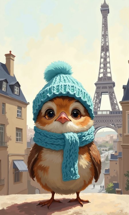 Close-up of a digital painting. 
A small, stylized bird, likely a sparrow, is the central focus. It's dressed in a light-blue knitted hat with a fluffy pom-pom, and a matching, textured, light-blue scarf. The bird's plumage is a mix of light brown, tan, and darker brown markings, creating a speckled or mottled appearance. Its eyes are large and round, a deep brown or dark blue color, and are positioned in a way that conveys a gentle and curious expression.  The beak is pinkish-orange, and its body posture suggests it is calmly perched.
The background features parts of a Parisian cityscape.  Notably, the Eiffel Tower is visible in the middle ground, subtly rendered in muted tones.  Buildings with light tan and cream-colored facades, characteristic of European architecture, are seen in the far background.  The overall color palette is soft and muted, with pale colors creating a gentle, warm, and inviting feel.  The style is clearly a digital painting, with meticulous detail.  The lighting in the painting casts a gentle glow on the bird and softens the tones of both the bird and the background.
 <lora:FLUX-daubrez-DB4RZ-v2:1> DB4RZ, DB4RZ style painting