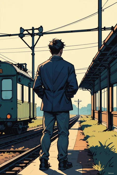 1boy, solo, male focus, railroad tracks, standing, from behind, black hair, train, coat, day, train station, sunlight, scenery, short hair, pants, black footwear, a_Comic_Illustration, rough lines with ink, (drawn:1.1), (sketch:1.5), (crosshatching:1.25), (comic style:1.1), graphic novel style, sharp lines, hires, zstyle, (western comics \(style\):1.1), (hatching \(texture\):1.2), zPDXL, Mr_Monster_Possitive, <lora:Expressive_H:0.5>, score_9, score_8_up, score_8_up,