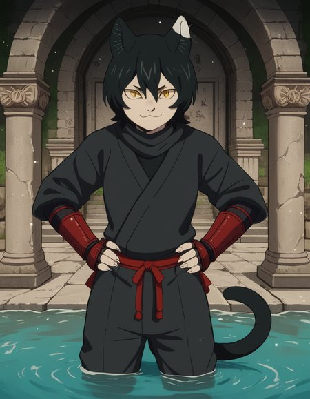 score_9, score_8_up, score_7_up, source_anime, <lora:izutsumi-s1-ponyxl-lora-nochekaiser:1>, izutsumi, black hair, animal ears, tail, yellow eyes, cat ears, cat tail, cat girl, slit pupils,, japanese clothes, gauntlets, ninja, black shirt, black pants,, aqueduct, water, stone, arches, ancient, , smug, hands on own hip,, looking at viewer, solo,, dutch angle, cowboy shot