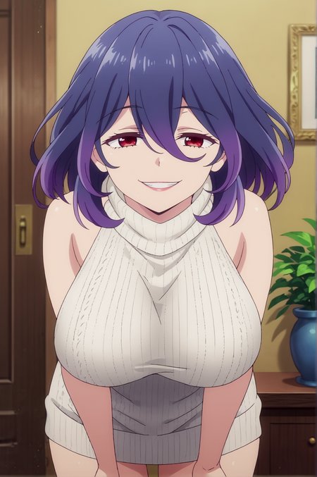 score_9, score_8_up, score_7_up,anime_source, source_anime, best background, detailed background, anime screencap,  Vermeil, dress, indoors, leaning forward, sleeveless, smile, solo, sweater, turtleneck, virgin killer sweater, naughty face, horny, cowboy shot, <lora:JN_Vermeil:0.8>