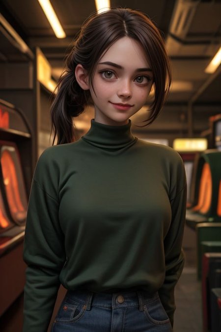 Elliot 2, green eyes, brown hair, low ponytail, 
Red shirt, dirty clothes, long sleeves, 
Upper body, standing, smiling, 
arcade room, neon lamps, night,
looking at the viewer,
(insanely detailed, beautiful detailed face,beautiful detailed eyes, masterpiece, Best quality), One,