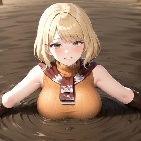 ashley graham, brown eyes, bangs, red scarf, (orange sweater:1.2), sleeveless turtleneck, green miniskirt, belt, pantyhose, (giantess breast:1.5), partially submerged, in mud, flooding up to the chest, upper body, (village:1.5), (mud:1.5), (pov:1.5), (raised eyebrows:1.2), :o, blush, (sinking:1.1), (seductive smile:1.5), ,