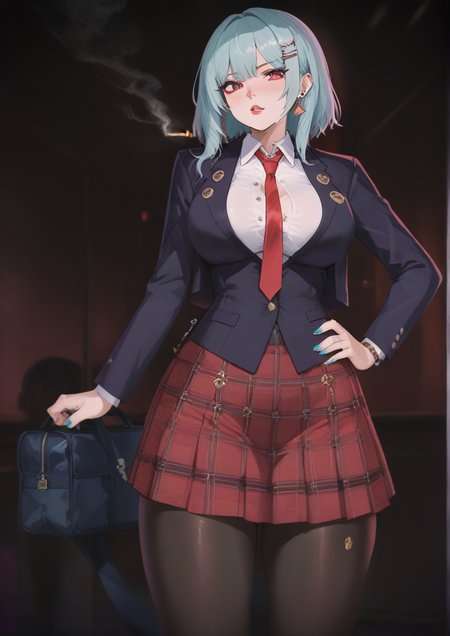 1girl, huge breast, aqua nails, bag, black jacket, black pantyhose, blazer, blush, cigarette, feet out of frame, fingernails, hair ornament, hairclip, hand on own hip, holding, holding cigarette, jacket, jewelry, lips, looking away, nail polish, necktie, open clothes, open jacket, pantyhose, parted lips, piercing, plaid, plaid skirt, red necktie, red skirt, school, school bag, school uniform, shirt, skirt, smoke, smoking, solo, standing, white shirt, <lora:Nvl:1>