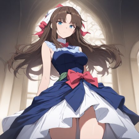 1girl,solo,looking at viewer,cowboy_shot,masterpiece,high score,great score,absurdres,<lora:Maria_ Nanadan ag4o v1:1> maria_ nanadan, brown hair, long hair, blue eyes,dress,