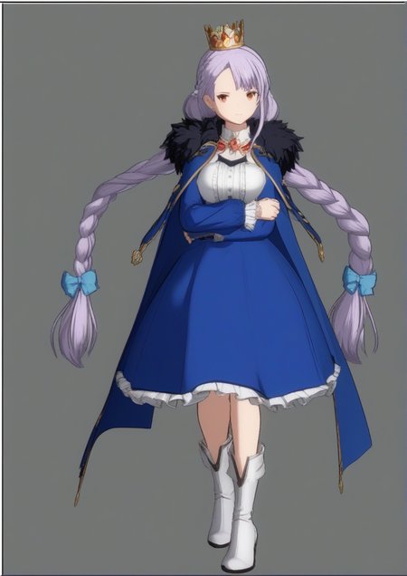 1girl, kv-2 (ash arms), huge breast, 3d, black border, blue cape, blue dress, blue eyes, boots, border, bow, braid, brown eyes, cape, closed mouth, coat, collar, crown, dress, frilled dress, frills, full body, fur-trimmed coat, fur-trimmed sleeves, fur trim, grey hair, grey headwear, hair bow, hair ornament, heterochromia, light frown, long hair, long sleeves, looking at viewer, low twintails, medium dress, open clothes, open coat, print dress, solo, standing, stuffed toy, twin braids, twintails, white collar, white footwear, zPDXL3 <lora:Granblue_Fantasy_Versus_Rising:0.8>