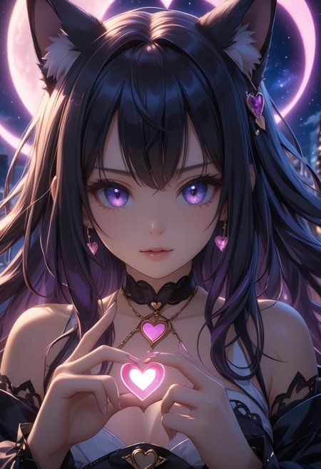score_9, score_8_up, score_7_up, score_6_up, dynamic, (anime, masterpiece), best quality, (8k), detailed background, sharp focus, intricate, ambient lighting, super high quality, hyper detailed background, cinematic lighting, adult, double tone neon long hair, medium breasts, verybadimagenegative_v1.3, Moonlit, Starlight Piercing, Silken Shadows, Lunar Whisper, cat ears, showing a heart with fingers, heart fingers