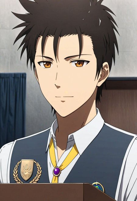 Highres, Masterpiece, High Quality, 4K, 8K, solo, 1Boy, Soujirou Agata, brown eyes, black hair, smart, 1st place, podium, winner, game, competition, easynegative, detailed_eye_model