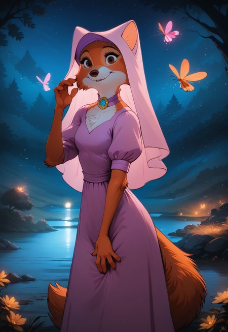 safe_pos, score_9, score_8_up, score_7_up, source_furry, rating_explicit, furry \(style\), toon \(style\), high-definition, masterpiece, best-quality, 4k, 2k, aburdres, perfect shadows, sharp focus, bokeh, extremely detailed CG unity 8k wallpaper, on model, flat color, upper body, MarianC, female, orange fur, brown eyes, brown nose, tail, pink wimple, broochC, purple dressC, pink chemiseC, outdoors, night, forest, lake, fireflies, light particles, soft glow,  Expressiveh