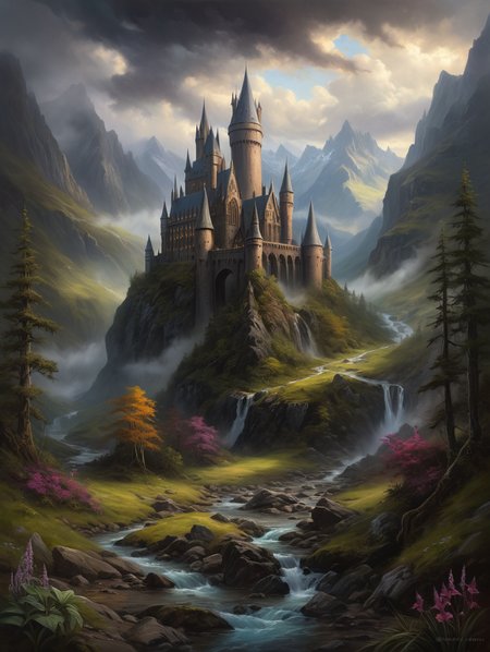 oil painting, A secret mage academy with dark high towers in the style of Hogwarts in a remote valley,
34K uhd, masterpiece, high detail, 8k, intricate, detailed, high resolution, high res, high quality, <lora:add-detail-xl:1.8>, highly detailed, Extremely high-resolution details, fine texture,