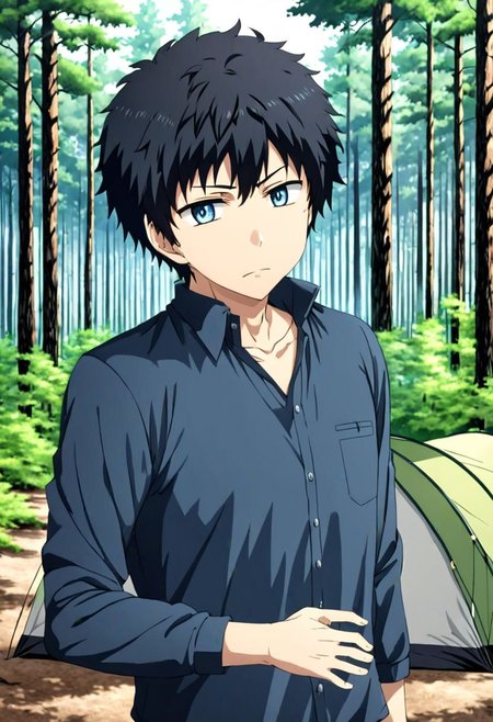 high resolution, solo, best quality, 1Boy, Arata Kaizaki, Black Hair, Blue Eyes, forest, camping, OverallDetail