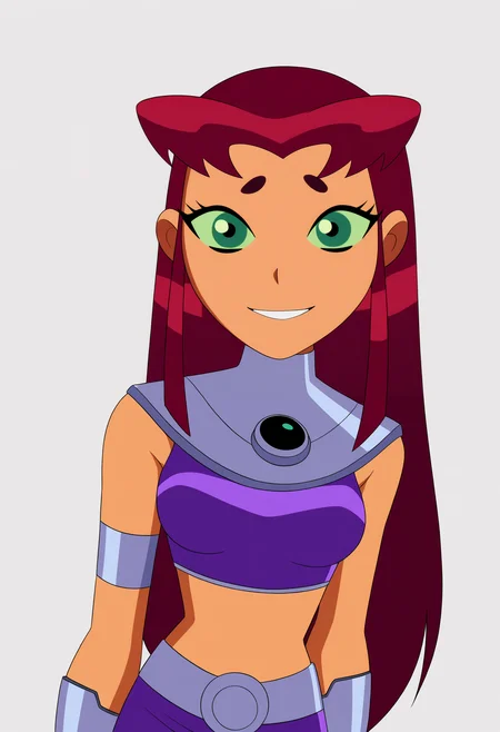 masterpiece, best quality, very aesthetic, absurdres,
1girl, starfire, red hair, long hair, green eyes, orange skin, crop top, midriff, miniskirt,
smile, upper body, looking at viewer, solo, simple background, white background,   <lora:StarfireTTNoobXL_byKonan:1>