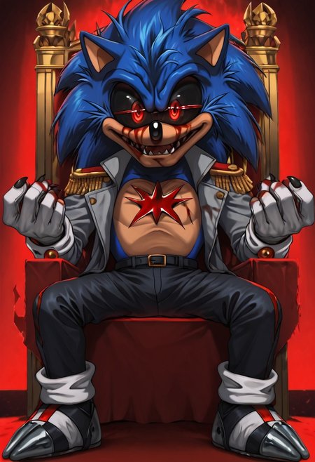 zPDXL3,RE_Engine,score_9_up,score_8_up,score_7_up,detailed,(best quality:1.2),digital media \(artwork\), BREAK, solo,best quality, 1boy, solo male, furry, LordX_EXE, red eyes, gloves, 1boy, animal ears, blue hair, white gloves, blood, spiked hair, furry, blood on face, furry male, body fur, animal nose, blood from eyes, sonic the hedgehog, black sclera, colored sclera, dark features, grey shoes, peach chest:1.5, sharp fingernails, black fingernails, grey open tail coat, knee-length jacket tails, black pants, red epaulettes, red collar and cuffs, red embroidery, massive red buttons, looking at viewer, spiked hair, hedgehog, baroque place, throne, night, dynamic lighting, red background hue, full body