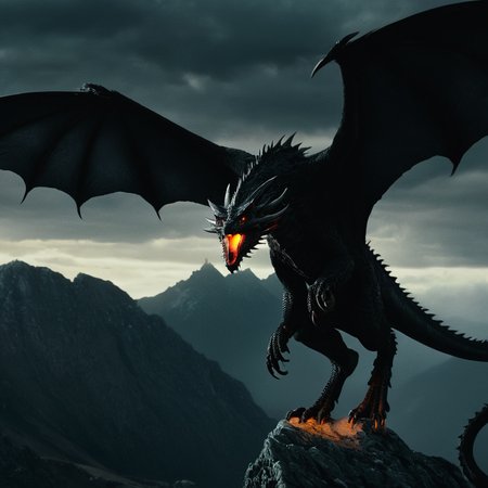 cinematic film still of  <lora:The Lord of the Rings style v2:1>
In a Fantasy Middle-earth world in the dark ages Ancalagon The Black Dragon a black Morgoth dragon flying over a mountain with a bird flying by,red eyes,tail,wings,sky,cloud,no humans,glowing,bird,flying,mountain,dragon,lightning , dramatic light, dramatic shadow light, film contrast, cinematic film color, cinematic film look, filmic, realistic, realism, perfection, perfect, movie still, fantasy drama, epic drama, fictional, Age of Wonders, Age of Empires, warriors,  Medieval style, middle ages, dungeons and dragons style, different people, different, unique, kingdoms and castles, violent, aggressive, detailed, perfection, detailed face, detailed body, detailed hands, detailed eyes, sharp, horror themed, dark themed, epic fantasy adventure film style, Legendary, mythical, The Lord of the Rings style, shallow depth of field, vignette, highly detailed, high budget, bokeh, cinemascope, moody, epic, gorgeous, film grain, grainy