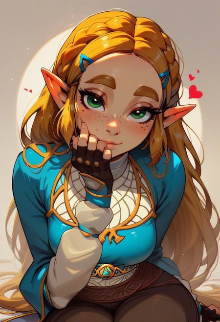score_9, score_8_up, score_7_up, score_6_up, 1girl, solo, princess Zelda (breath of the wild) ,cute,  freckled face,(perfect round ass), slim waist, cute round face, lidded eyes, red cheeks , brown pants, clothes on, hourglass body,looking at viewer, lots of hearts, face focus, seductive eyes, safe for work