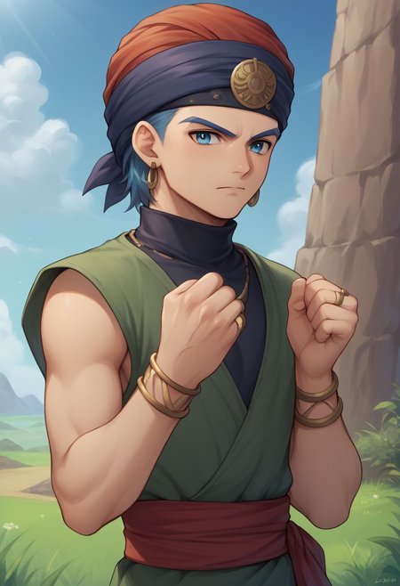 score_9, score_8_up, score_7_up, source_anime, highly detailed, 1boy, solo, male_focus, half body, half body,
erik, turban, solo, jewelry, blue eyes, 1boy, male focus, earrings, bracelet, ring, clenched hand, 
outdoor,