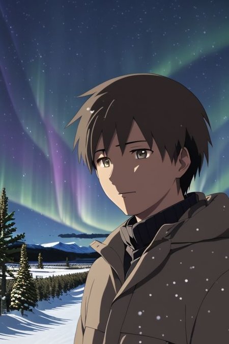 high resolution, solo, best quality, 1Boy, Takaki Toono, Brownish Hair, Brown Eyes, winter, Northern Lights, Stargazing, OverallDetail