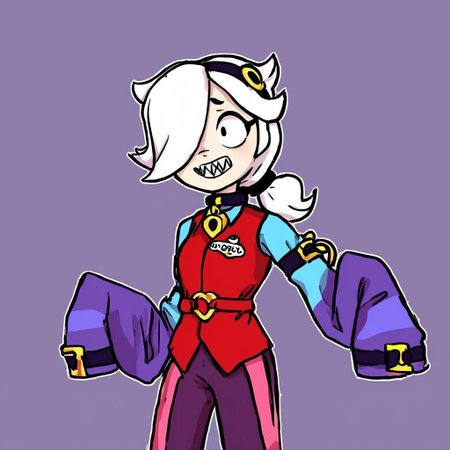bscolette  , 1 girl , white hair,  , ponytail,  collar , red vest , blue shirt ,  long sleeves,  purple pants,  hair over one eye,  hairband, sleeves past fingers,   ,  sharp teeth,