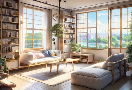 anime-style, modern-style interior, with white walls and large windows, Nordic-style furniture, a  study, Sofa, coffee table, bookcase, single wall, 
warm light morning sun, the view of the city