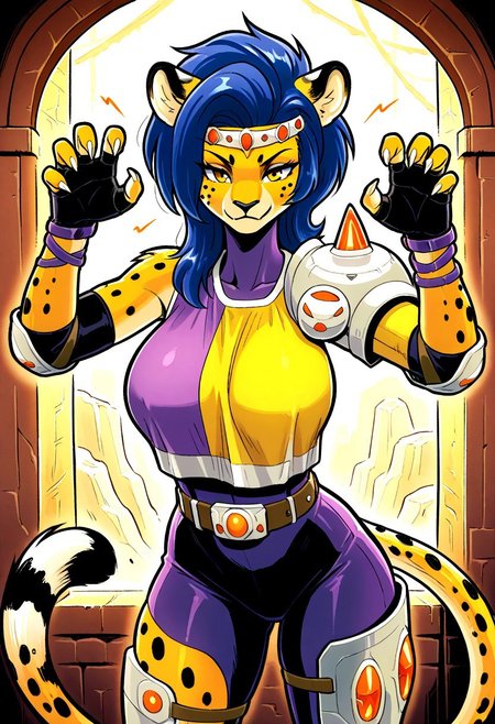 masterpiece, best quality, amazing quality, very aesthetic, absurdres, newest, curtisffl3, 1girl, anthro, cheetah, cheetah ears, cheetah tail, spotted fur, body fur, paws, claws, (large breasts:1.3), blue hair, jeweled headband, single pauldron, loose shirt, yellow shirt, elbow pads, gray fingerless gloves, purple bracelets, sleeveless purple bodysuit, belt, thigh armor, claw pose,
