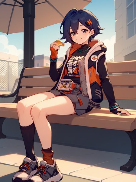 score_9, score_8_up, score_7_up, BREAK, BelleZZZ, short blue hair, orange hairpin, black T-shirt, green pendant, unbuttoned jacket, audio player on belt, one fingerless glove, gray skirt, one black stocking, one sock, sneakers, sitting on a bench, eating chips, happy smile,  <lora:BelleZZZ:1>
