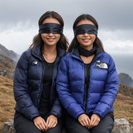 (((dark cinematic still with dark vibes))),one squatting  two south american women,<lora:pufferdown_tnf_nuptse:0.7> tnf_nuptse jacket ,  satin_scarf_blindfold,smile,beautiful eyes,tea,stormy weather (mouth closed)
 <lora:satin_scarf_blindfold:0.7>
<lora:WildcardX-XL-Detail-Enhancer:1>