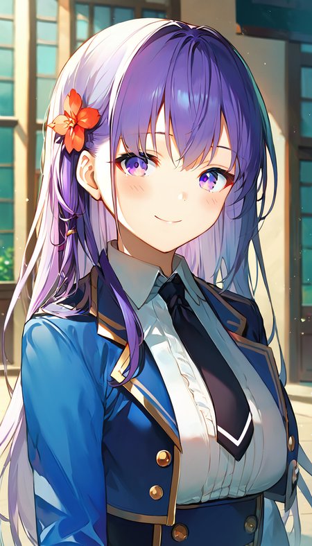 score_9,score_8_up,score_7_up,score_6_up BREAK official art,solo,outdoors,cowboy shot,upper body,(portrait:1.5),looking at viewer,facing viewer,smile,blush,Elfine Phillet,long hair,purple hair,side braid,hair ornament,hair flower,sidelocks,bangs,purple eyes,blue jacket,cropped jacket,open jacket,wing collar,black necktie,white shirt,collared shirt,dress shirt,long sleeves,medium breasts,double-breasted,white belt,blue skirt,high-waist skirt,pleated skirt,frilled skirt,brown pantyhose,loafers,black footwear,<lora:Elfine Phillet(sgmt)-Pony:1.4>,