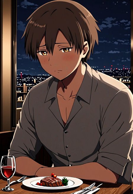 high resolution, solo, best quality, 1Boy, Takaki Toono, Brownish Hair, Brown Eyes, dating, romantic, dinner, OverallDetail