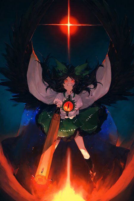 touhou, reiuji_utsuho,1girl,arm_cannon,black_footwear,black_hair,black_socks, black_wings ,bow, cape, clenched_teeth ,control_rod_(touhou), feathered_wings, glowing, glowing_eyes, green_bow ,green_skirt ,hair_bow ,kneehighs, long_hair, looking_at_viewer ,red_eyes ,shirt ,skirt ,socks, solo ,starry_sky_print, sun ,teeth ,third_eye, white_shirt, wings, 
 negative space, , very awa, masterpiece, highres, absurdres, newest, 
<lora:illustrious_noobai_epsilon_pred_11_very_aesthetic_v1:0.7> ,<lora:USNR STYLE_XL_loha:0.7>