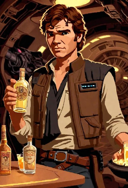 lucasarts style, a drunk Han solo is holding a glowing bottle of tequila in a millennium falcon <lora:lucasarts style:1>