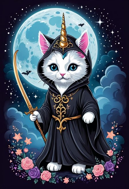 Let's craft a striking and unique t-shirt design featuring a unicorn kitten donning an eerie reaper costume, blending cuteness with a touch of mystique. Envision a fluffy, adorable kitten with a shimmering unicorn horn protruding from its forehead, embodying a sense of innocence and wonder. The kitten is cloaked in a flowing, dark robe reminiscent of the iconic reaper's attire, adorned with intricate, ethereal designs that catch the light in subtle, eerie ways. Its eyes gleam with a hint of otherworldly wisdom, contrasting with its playful, feline features. Tiny, delicate reaper's scythe motifs adorn the robe, adding a sinister yet charming element to the design. The background sets a haunting yet enchanting scene, with a moonlit sky swirling with mystical clouds and twinkling stars, casting an atmospheric glow. This captivating blend of cute and ominous elements creates a captivating t-shirt design that is sure to turn heads and spark intrigue.
