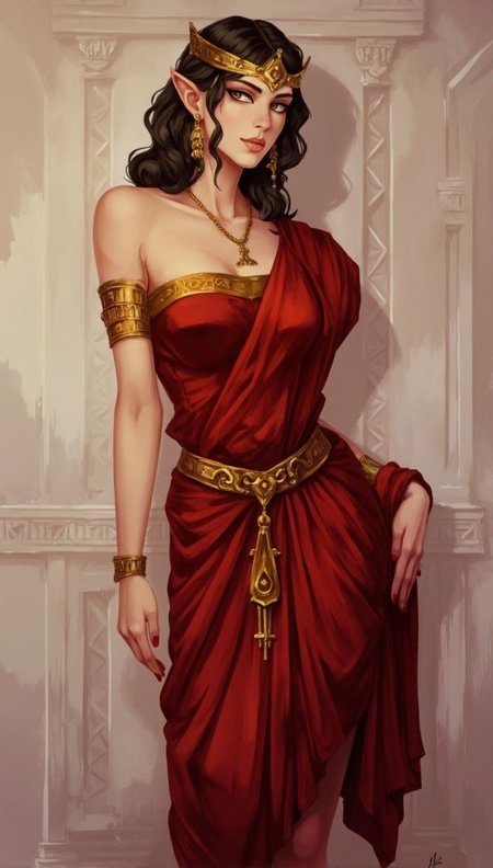 <lora:ck-LttleGhost-000011.safetensors:1> in the style of ck-lttlegh0stA digitally created image of a healthy woman with an enigmatic expression, wearing a stunning red and gold outfit inspired by ancient Greece. The soft lighting highlights her fair skin and creates an otherworldly ambiance. Her refined features are accentuated by the minimalist background, as she presents herself with poise and sophistication.