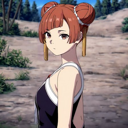 <lora:FBJE_LaufenXLIllustrious008>,
masterpiece,best quality,good quality,newest,
detailed background,nature,blue sky,glitter,
looking at viewer,
solo,
Laufen,1girl,brown hair,short hair,double bun,brown eyes,yellow hairornament,
black dress,bare shoulders,
upper body,
standing,