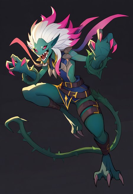 best quality,masterpiece,absurdres,newest,digimon new century,ncrender,solo,belts,digimon_(creature),plant monster,sharp teeth,briar_(league of legends),white hair,pink highlights,two-tone hair,pointy ears,full body,claw pose,tail, simple background,black background,covered in thorny vines